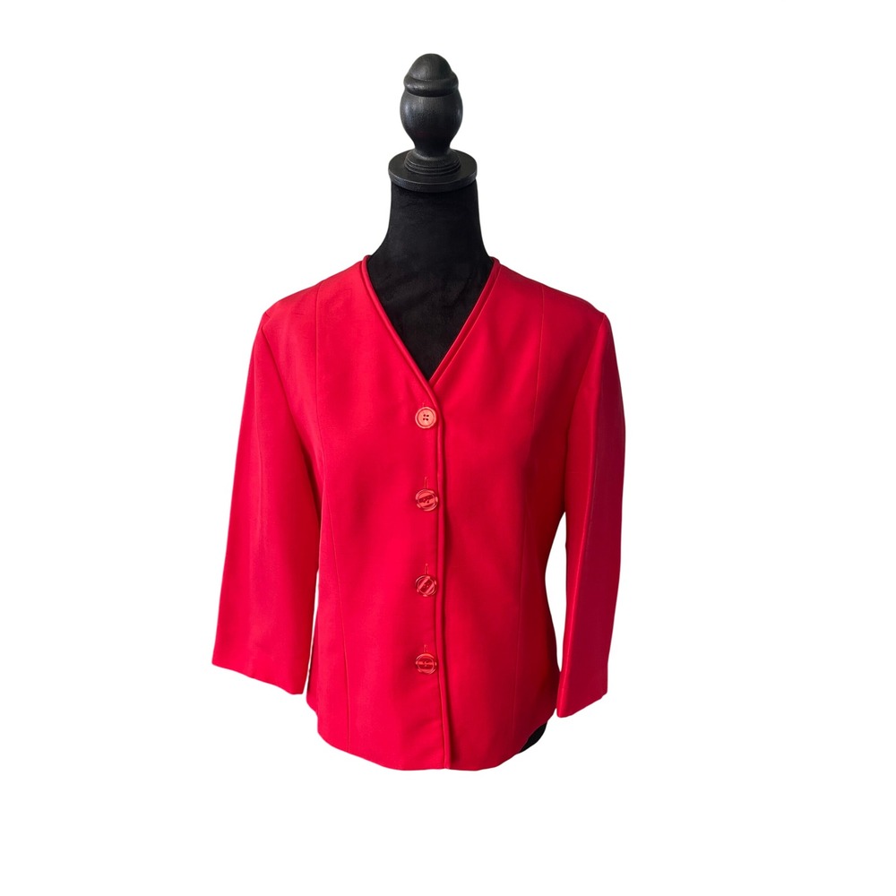 Studio G Red Silk V-Neck 3/4 Sleeve Blazer Jacket Women's-8 VTG Dressy 4 Button‎